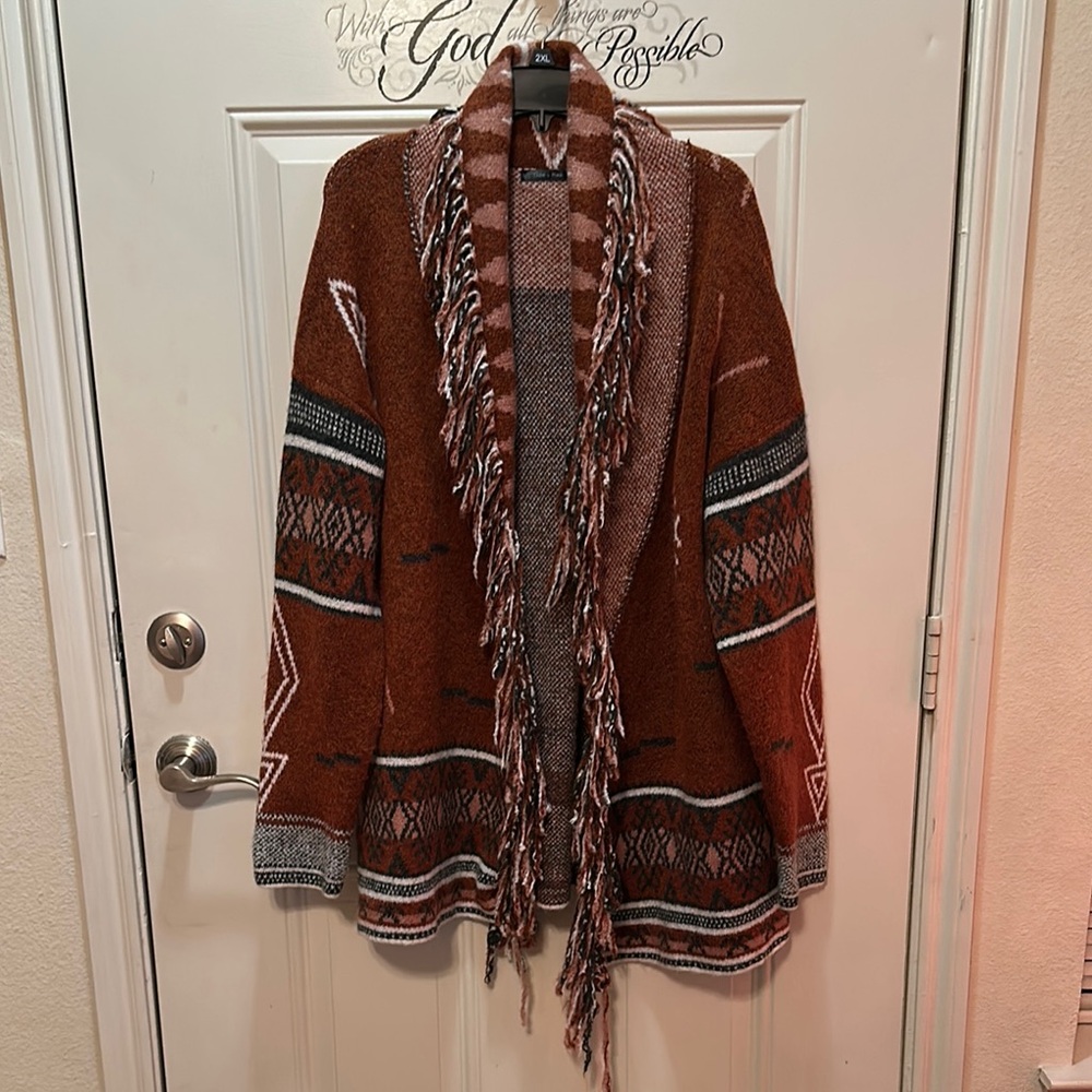 Doe & Rae‎ Brown Cardigan with Shawl Collar and Fringe